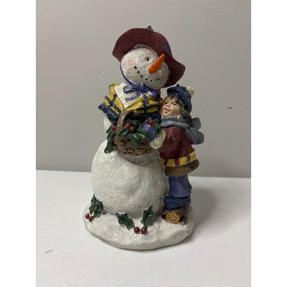 Snowman Figurine Girl Holding Basket Winter Holiday‎ Christmas Decor